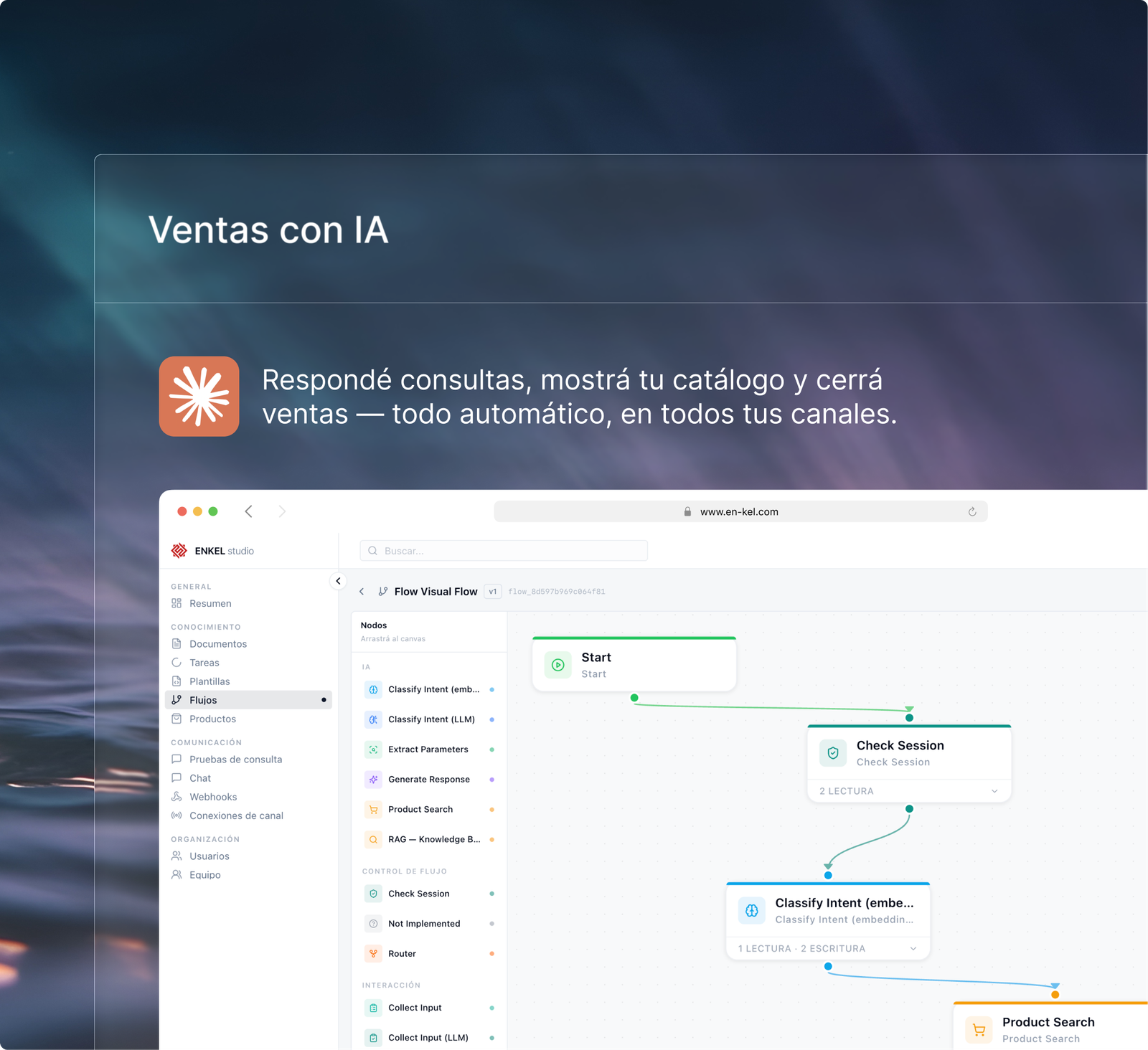 Ventas con IA en Enkel Studio: flujo visual en el editor
